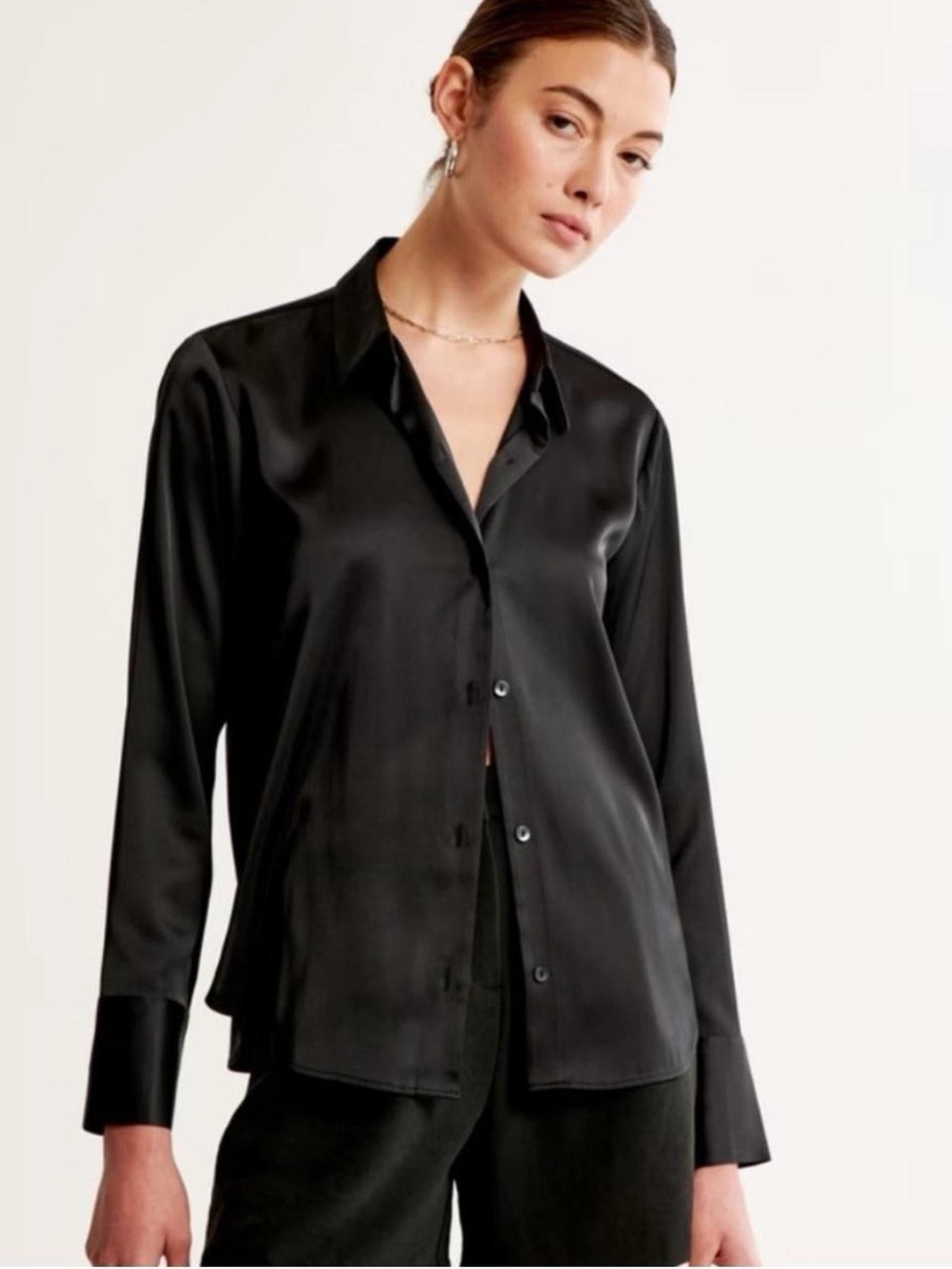 Silky Satin Black Button-Down Shirt - Women's Long Sleeve